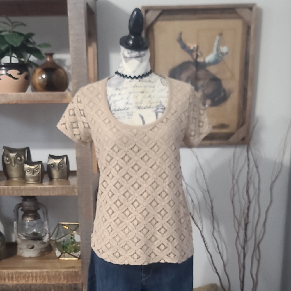 Jones New York Beige Lace Scoop Neck Short Sleeve Top